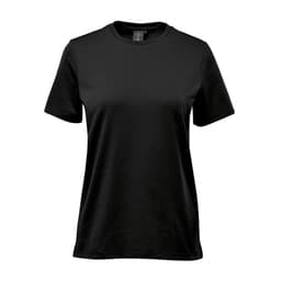A black women's T-shirt featuring short sleeves and a classic crew neck, with a logo on the label.