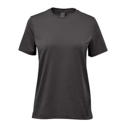 A grey women's t-shirt with short sleeves, featuring a plain design and a logo on the label.