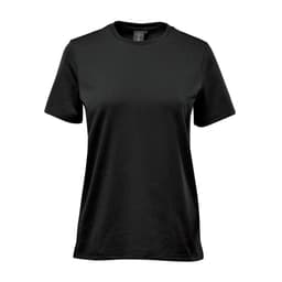 A women's short-sleeve t-shirt in black, featuring a simple design and a logo.