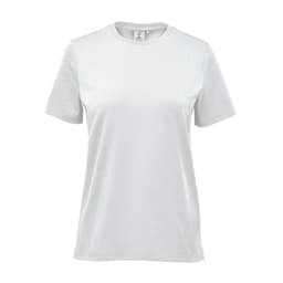 A white women's t-shirt with short sleeves and a branding label.