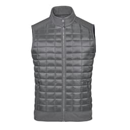 A grey thermal softshell vest featuring a quilted design and a zippered front. It has pockets and a branding logo.