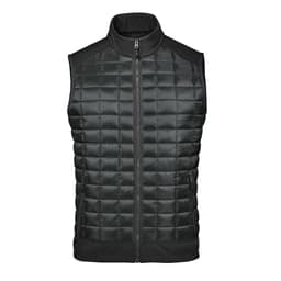 A black thermal softshell vest featuring a quilted design and a full front zip, with a sleek collar and pockets.