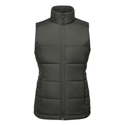 A women's thermal vest in dark green, featuring a zip-up front and a high collar design. It has a logo on it.
