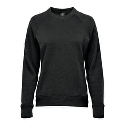 A women's crew neck jumper in dark grey fleece with ribbed cuffs and hem, featuring a small logo.