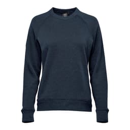 A dark navy women's fleece crew neck jumper with a simple design and ribbed cuffs and hem. It features a logo.