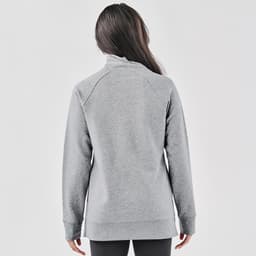 A grey cowl neck pullover is displayed, featuring a relaxed fit and long sleeves. It includes a logo.