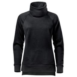 A black women's pullover jumper featuring a cowl neck design and long sleeves, with a subtle logo.