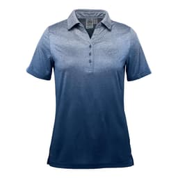A women's polo shirt featuring a gradient design from light blue to dark blue, with a collar and button placket.