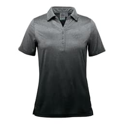 A women's polo shirt in gradient shades of grey, featuring a collar, short sleeves, and a logo.