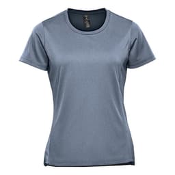 A women's short sleeve tee in a light blue-grey colour featuring a logo.