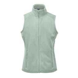 A green fleece vest with a high collar and front zip, featuring two side pockets and a logo.