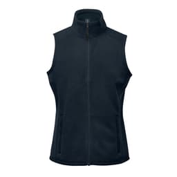 A women's fleece vest in dark navy, featuring a zip front and two side pockets, with a logo on the chest.