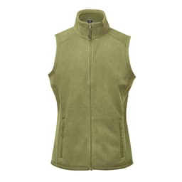 A green women's fleece vest featuring a zip front and side pockets, with a high neck design.