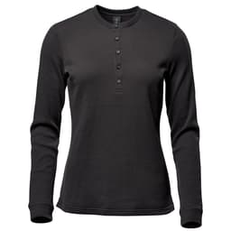 A long-sleeve women's Henley shirt in black, featuring a buttoned neckline and a textured fabric.