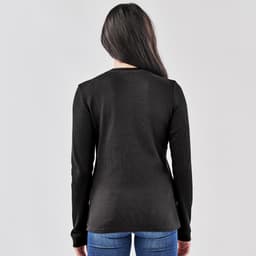 A black long-sleeve women's shirt with a ribbed texture, featuring a simple design and a logo on the back.