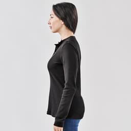 A black women's long-sleeve henley shirt, featuring a buttoned neckline and fitted silhouette.