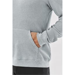 A grey pullover hoodie featuring a textured fabric and a front pocket. It has a logo on the design.