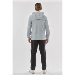 A grey pullover hoody with a hood, featured with a person wearing black pants, viewed from the back.