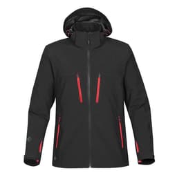 A black softshell jacket with red zippers and a hood, featuring a logo on the sleeve.