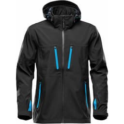A black softshell jacket with blue zippered pockets and a hood, featuring a logo on one sleeve.