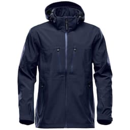 A navy blue Men's Patrol Softshell jacket featuring a hood, zippered pockets, and a logo on the sleeve.