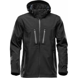 A black softshell jacket features a hood and multiple zippered pockets, with a logo on the sleeve.