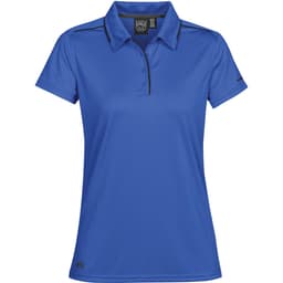 A blue women's sport polo shirt with a black trim and a logo on the side. Features a classic polo collar.