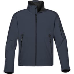 A men's softshell jacket in navy blue with a high collar and multiple zippered pockets. It features a logo on the sleeve.