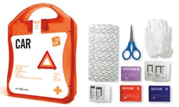 An orange first aid kit labelled "Car" containing scissors, gloves, wipes, and other care items.