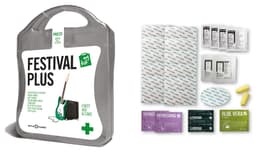 A first aid kit featuring a guitar design, with waterproof plasters, refreshing wipes, aloe vera, and earplugs. It has a grey carry case.