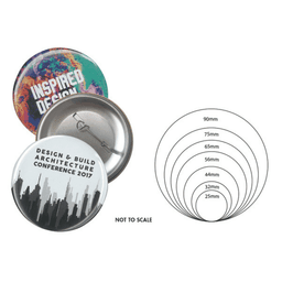 A 75mm button badge in two designs, featuring vibrant colours and a silver backing with a pin.