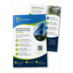 A double-sided A4 flyer in blue, green, and white featuring a logo and images of buildings.