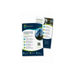 A double-sided A6 flyer in blue and green featuring a logo, promoting business solutions and collaboration.