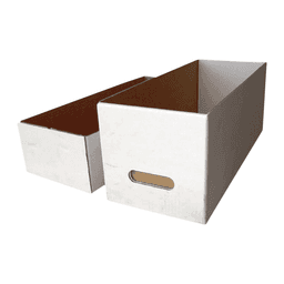 A white cardboard box with a cut-out handle, featuring an open design and a second partially inserted box.