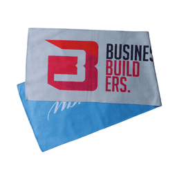 A Waffle Cotton Blend Gym Towel in blue and white, featuring a logo and text on one side.