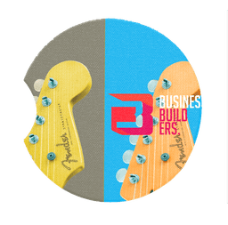 A circular neoprene car cup coaster featuring a split design with yellow and orange guitar necks and a logo.