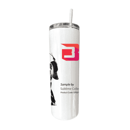 A drink bottle featuring a white stainless steel design, a straw, and a branding logo.