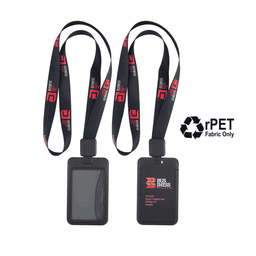 A black lanyard with a retractable ID holder on one side, featuring a logo and made from rPET fabric.