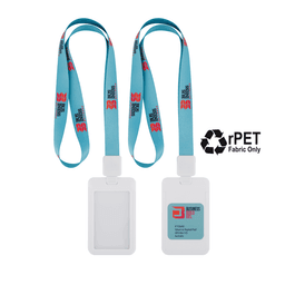 A lanyard with a turquoise strap featuring a logo, paired with a white ID holder on one side.