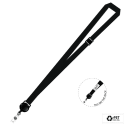 A plain black lanyard with a retractable reel, featuring a logo on the tag at the back.