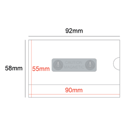 A rigid card holder magnet designed for business cards, featuring measurements and a caution logo. Primarily in grey.