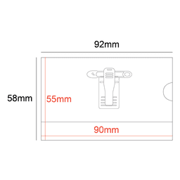 A rigid card holder clip and pin in white, with dimensions indicating a 90x55mm size for badges or cards.