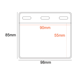 A transparent PVC badge holder with three slots, measuring 90x55mm, featuring dimensions outlined in red.