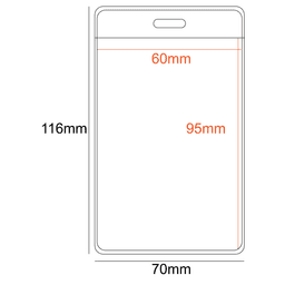 A transparent PVC pocket holder in portrait orientation, measuring 70x116mm, featuring a slot for attachment.