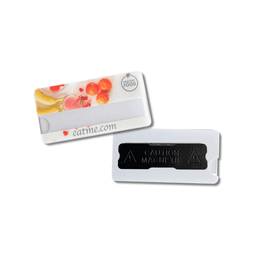 A frosted finish staff badge in white with a vibrant design, featuring a magnetic back for attachment.