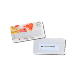 A frosted finish badge featuring a vibrant fruit design, with a secure pin for attachment and a branding logo.