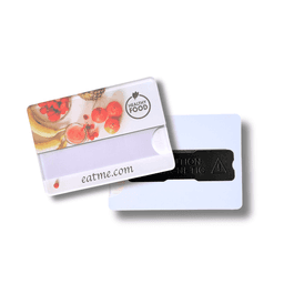 A frosted finish staff badge in a rectangular shape, featuring fruit imagery and a magnetic backing.