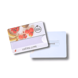 A frosted finish staff badge in white, featuring a magnetic back and a design with fruits. Logo included.