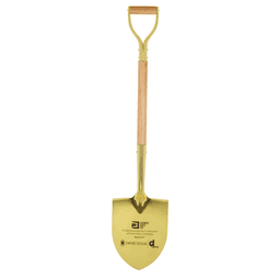 A gold shovel with a wooden handle and an engraved design, featuring a shiny finish and a sturdy scoop.