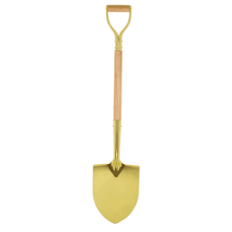 A gold-coloured shovel with a wooden handle, featuring an etching on the scoop. It has a sleek and polished finish.